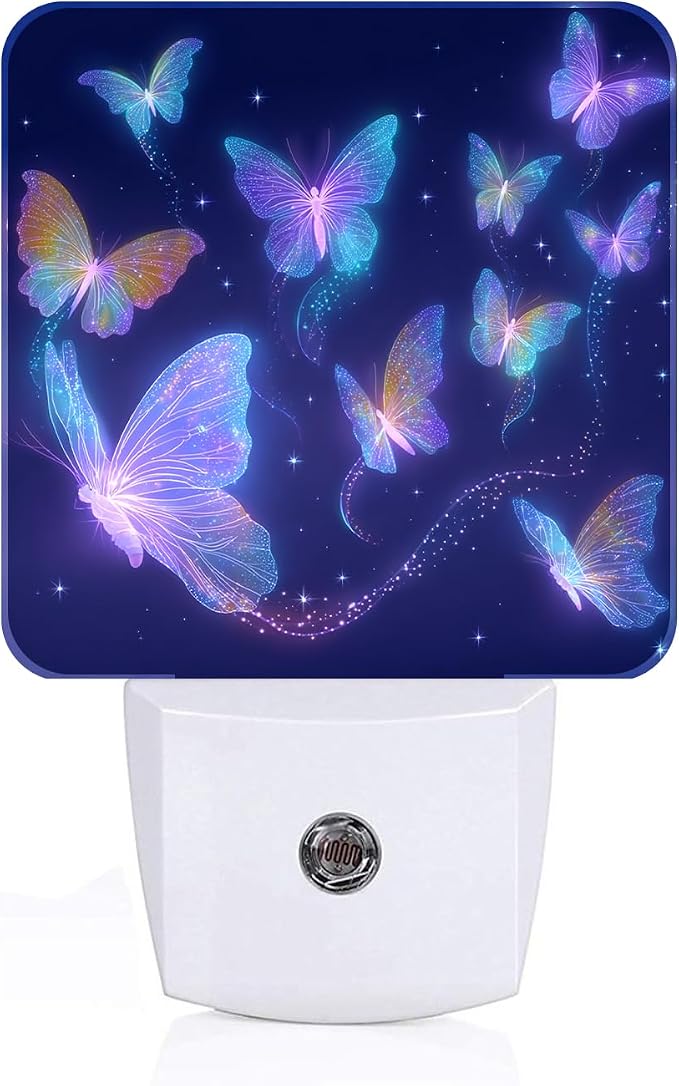 Glowing Purple Butterflies Night Light,Plug Into Wall Decor for Stairway,Hallway,Kitchen,Dusk to Dawn Sensor Nightlights for Boys/Girls/Women/Men Room Gifts