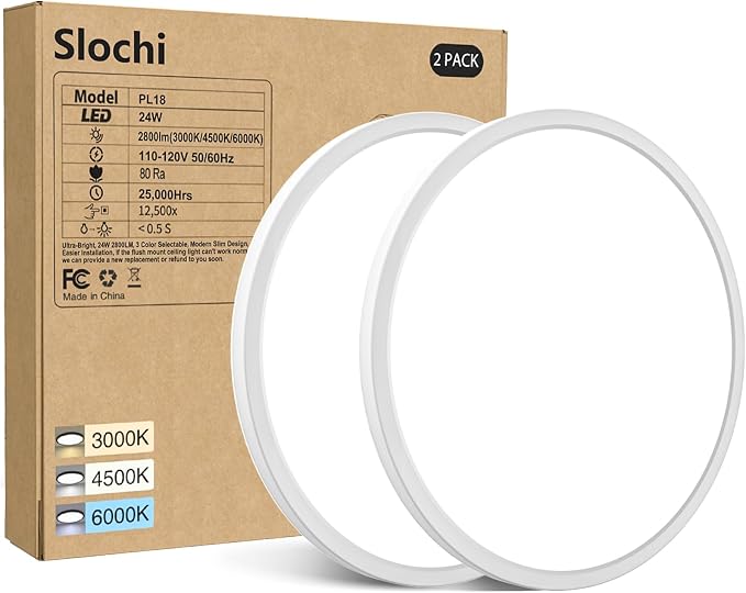 slochi 2PACK LED Flush Mount Ceiling Light Fixture, 9Inch 18W LED Light, 3000K/4500K/6000K 3 Color Adjustable Round Light Low Profile Ceiling Light Fixtures for Kitchen Bedroom,White
