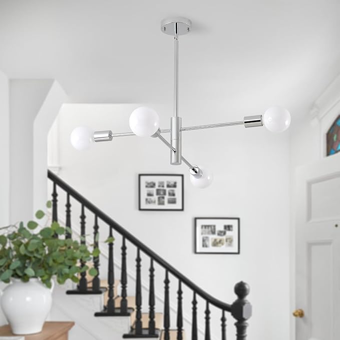 HHR Modern Sputnik Chandelier, Industrial 4-Light Chrome Ceiling Chandelier, Mid Century Light Fixture for Farmhouse Dining Room, Height Adjustable Chandeliers for Kitchen Island