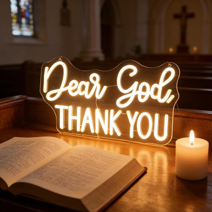 Dear God Thank You Neon Sign Led Dimmable Decorative Neon Lights, Inspirational Office Desk Decor Lights for Office Home Living Room Classroom, Christian Gifts,Christmas' Birthday Gift (Warm white)