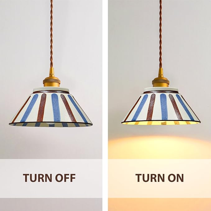 Vintage Striped Ceramic Pendant Light, 7in Hand-Painted Small Porcelain Hanging Light with Gold Metal, Antique Chandelier for Kitchen Island, Dining Room, Bedroom Bedside, Restaurant, Corridor
