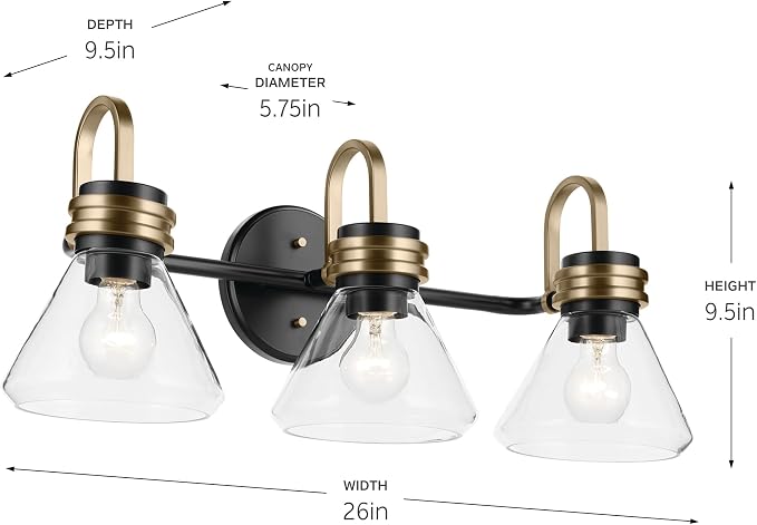 Kichler Farum 3-Light Bathroom Vanity Light, Black | Modern vanity light with clear glass for single or double bathroom mirrors (26" x 9.5" x 9.5"), 55155BKCLR