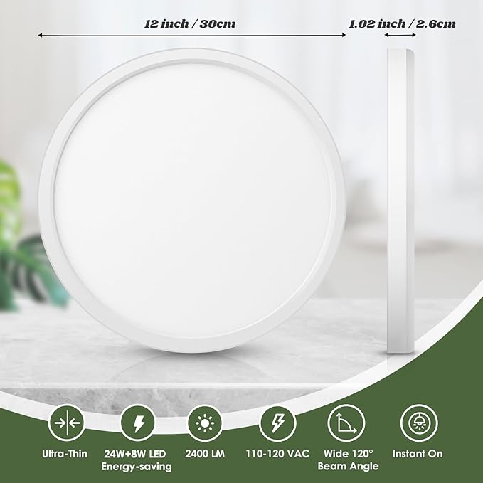 Brightever 12 Inch 2 Packs LED Flush Mount Ceiling Light Fixtures with Night Light, 2400LM 240W Equivalent Light Fixtures Ceiling Mount, 2700K-6500K 5 Color Selectable White Ceiling Lights for Hallway