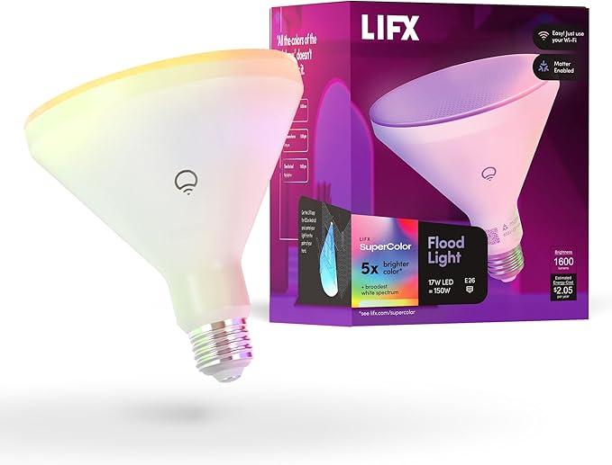 LIFX Color PAR38 Smart LED Bulb, 1600 Lumens, Indoor/Outdoor Can & Flood Light, Millions of Colors + Tunable White, IP65 Weatherproof, Wi-Fi, Works with Alexa, Google Home & Siri, LFXPAR381600RGBW