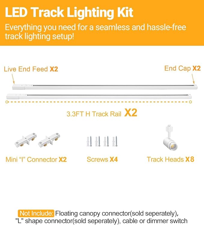 Zoomable 8 Lights LED Track Lighting Kit with 6.6FT H Type Track Lighting Rails, Dimmable White Track Lighting Fixtures Ceiling Modern Kitchen Spot Track Light Heads 4000K CRI90+ 12W 1000lm