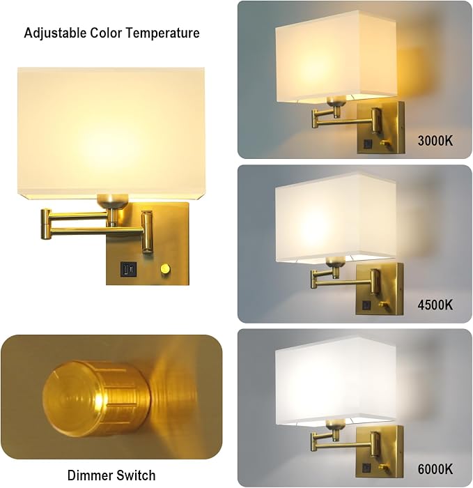Plug in Swing Arm Wall Sconce, Wall Lights for Living Room | Wall Lamp with USB C+A Charging Ports, Adjustable Swing Arm 270°, Adjustable Color Temperature, Wall Mount Lamp for Bedroom