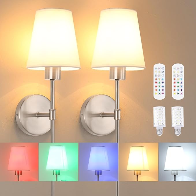 Shenmoyl Battery Operated Wall Sconces Set of 2, 80H Usage Time 22.6" Rechargeable Wall Light with Dimmable Bulb, 12 Colors Wall Sconce for Bedroom Living Room, Silver