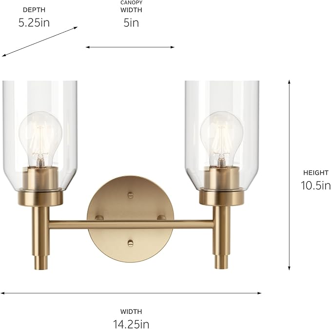 Kichler Madden 2-Light Bathroom Vanity Light, Champagne Bronze | Modern vanity light with clear glass for single or double bathroom mirrors (14.25" x 10.5"), 55184CPZ