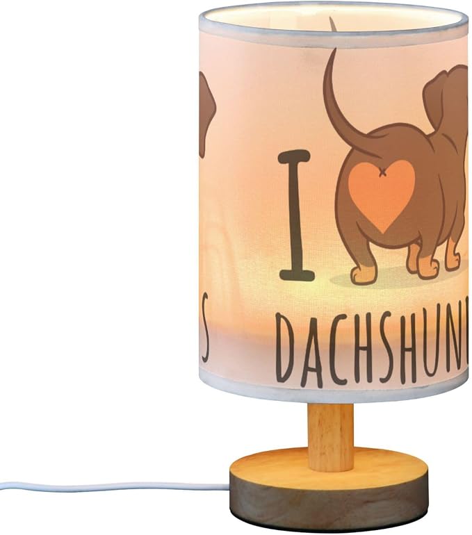 Table Lamp Cute Dachshund Dog I Love Dachshunds Heart Butt Nightstand Lamp with Wood Base Fabric Lamp Shade Bedside Desk Lamp for Living Room Bedroom Kids Room Office