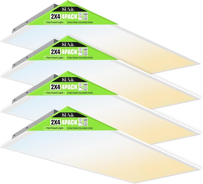 4 Pack 2x4 LED Flat Panel Light 50/40/35/30/25W 6500lm Adjustable, 0-10V Dimmable LED Flush Mount Ceiling Light Fixtures, 2.7K/3K/3.5K/4K/5K Selectable for Office Kitchen Garage - ETL Listed