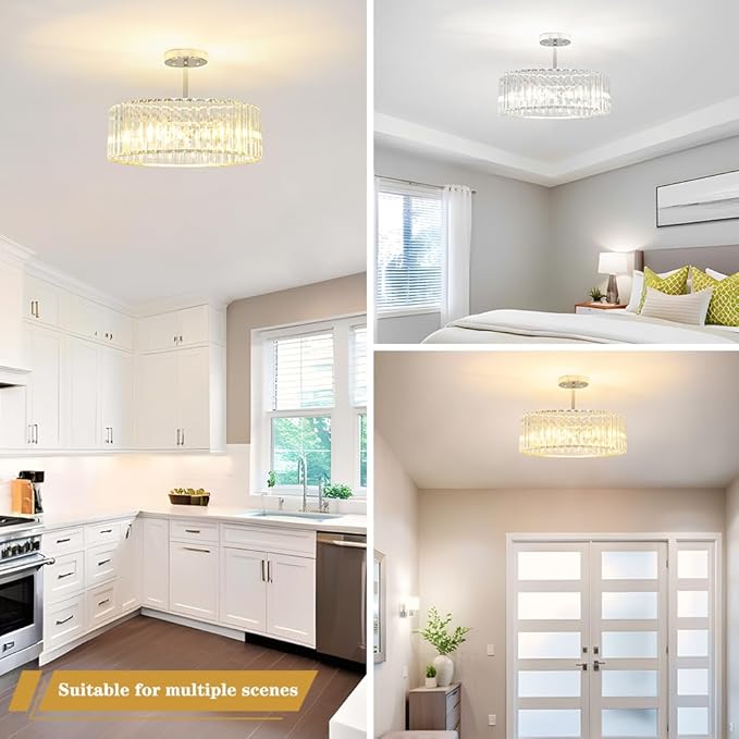 Lxybcce Modern Crystal Ceiling Light Fixture, Semi Flush Mount Ceiling Light, Chrome Hallway Lighting Fixtures Chandelier, Crystal Chandelier for Kitchen Bedroom Dining Room Closet, 5-Light, 16 Inch