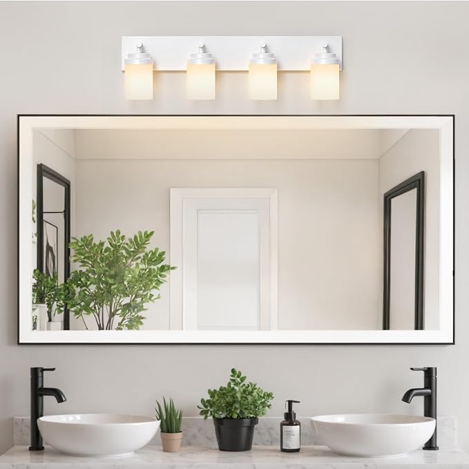 IZORRO Bathroom Vanity Light Fixture, 4-Light 30 Inch White Bathroom Light Fixtures Over Mirror, with White Glass Shade, Modern Farmhouse Vanity Lights, Rustic Restroom Lighting Fixtures
