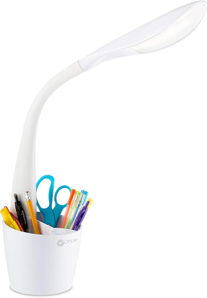 OttLite Organizer LED Desk Lamp with Flexible Neck and Storage, White | Natural Daylight LEDs | 4 Brightness Settings | Storage Compartments | Adjustable Flexible Neck