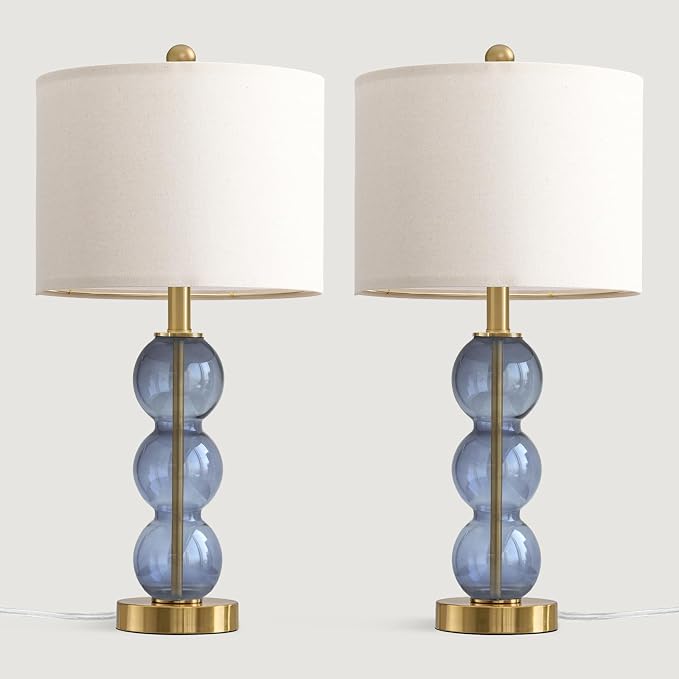 25" Blue Table Lamps for Living Room, Glass Modern Table Lamp Set of 2, USB Charging Ports, Linen Shade, Bedside Lamps for Bedroom, Nightstand, Side Table