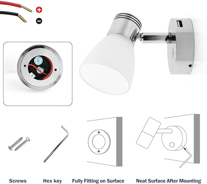 THALASSA 12V Boat Interior Reading Light USB Port, 3W DC RV Warm White, Built-in Dimmer Touch Button for Blue Decor Lights. Surface Mount on Trailer, Van, Truck, Car, Camper, Motorhome, Caravan