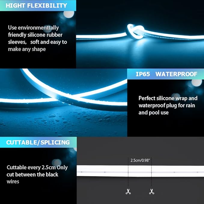 LED Neon Lights Flexible Ice Blue 16.4FT/5M 12V DC Waterproof Flexible LED NEON Light for Indoors Outdoors Decorm [Power Adapter Included]