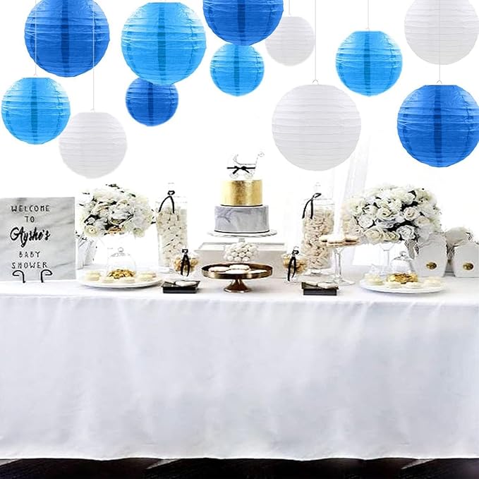 12pcs Blue Hanging Paper Lanterns,Round Paper Lanterns for Birthday,Baby Shower,Wedding,Party,Home Ceiling Decoration（4" 6" 8" 10" ）