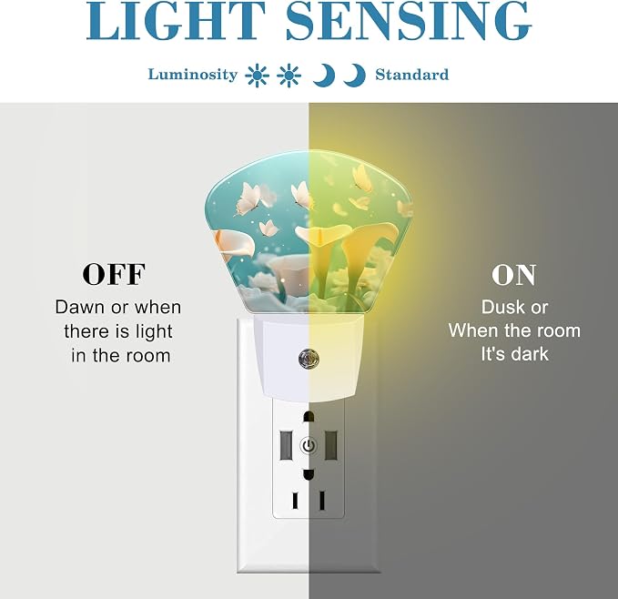 White Calla Lily Night Light Plug into Wall, White Butterfly Night Light with Dusk to Dawn Sensor for Kid Girls Boys Women Men Room, Hallway, Kitchen, Bathroom, Stairs Decor