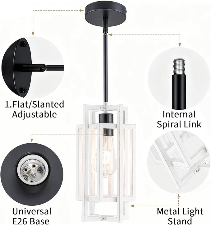 Farmhouse Pendant Light Fixtures, Modern White Wood Texture and Black Finish Pendant Lights 59'' Adjustable Small Square Pendant Ceiling Hanging Light for Kitchen Island Dining Room Entryway