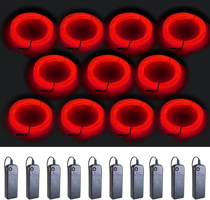MaxLax EL Wire red 10-Pack, 9ft/2.75m Neon Light Wire with Noise Reduction and Battery Pack…