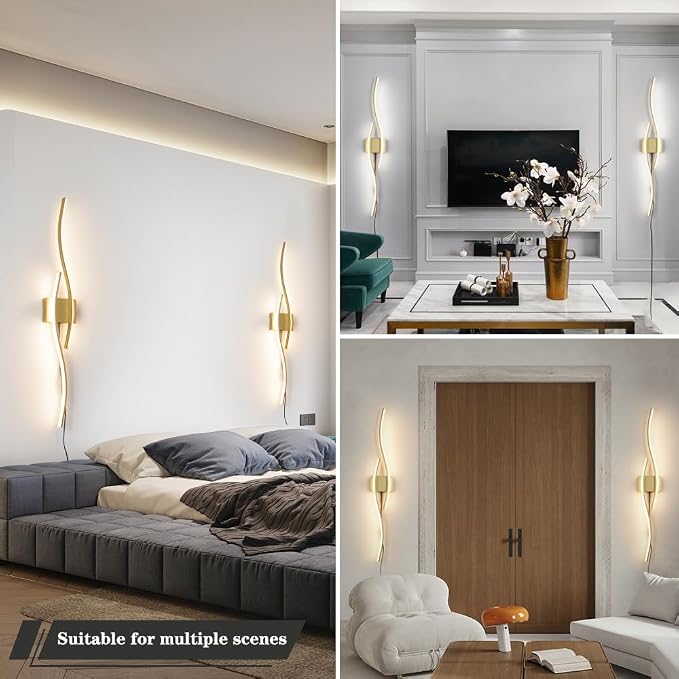 Daunton Modern Gold Plug in Wall Sconces Set of Two, RC Dimmable LED Plug in Wall Light, Wall Lamps with Plug in Cord for TV Wall Sconces, Gold Sconce Wall Lighting for Living Room, Hallway, Bedroom