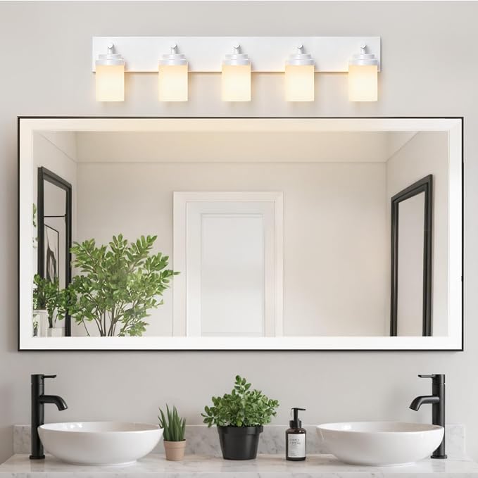 IZORRO Bathroom Vanity Light Fixture, 5-Light 36 Inch White Bathroom Light Fixtures Over Mirror, with White Glass Shade, Modern Farmhouse Vanity Lights, Rustic Restroom Lighting Fixtures