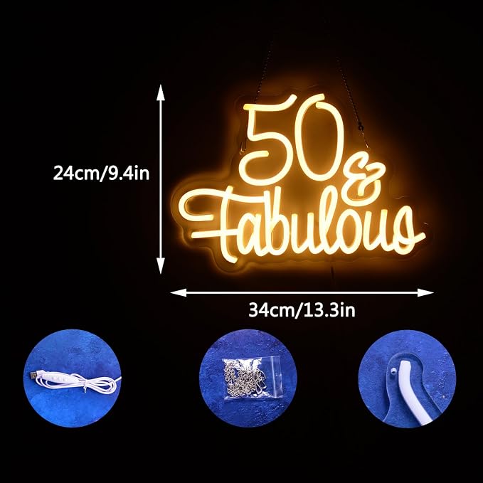 50 Fabulous Neon Light Fifty Years Old Neon Sign for 50th Wedding Anniversary Birthday Party Decorations Warm White LED Light for Wife, Mom, Daughter, Sister, Aunt, Best Friends, BFF, Coworkers