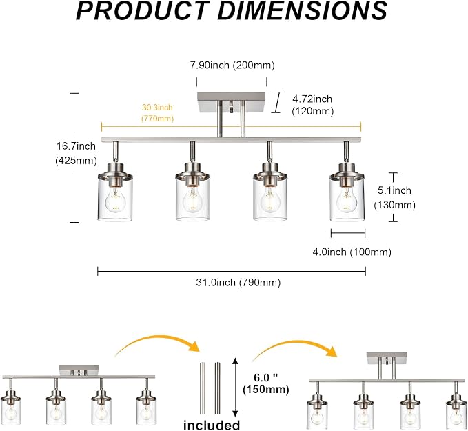 Yaohong 4-Light Track Lighting Kit Brushed Nickel Track Lighting Fixtures, Bathroom Wall Light Ceiling Mount Rotatable Spotlights, Kitchen Ceiling Light Fixtures with Glass Shade for Bathroom Hallway