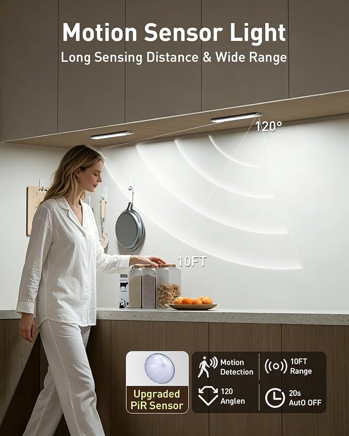 Under Cabinet Lighting Wireless, RGB Motion Sensor Light Indoor, 4 Pack | 15 Color Temps, Rechargeable, Timer, LED Closet Light Magnetic, Under Counter Lights for Kitchen Shelf Home