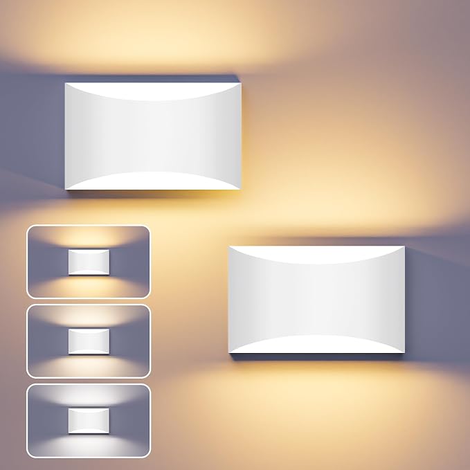 Black Modern LED Wall Sconce, 3 Colors Indoor Wall Lights, 10W Hardwired Up and Down Aluminum Wall Mount Lamp for Bedroom Living Room Hallway Corridor (White, 2 Pack)