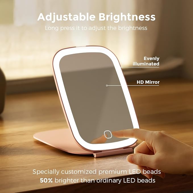 NEZZOE Rechargeable Travel Makeup Mirror with LED Light, 7x5 Inch, Pink | Portable Lighted Makeup Mirror, 3 Lighting Modes, Dimmable Touch Control, Foldable Compact Vanity Mirror
