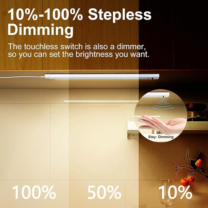 12 Inch Under Cabinet Lights 2 Packs High Brightness Easy Install Plug in, Hand Wave Activated LED Under Counter Lights for Kitchen for Bookshelf 5CCT& Stepless Dimmable Closet Motion Light