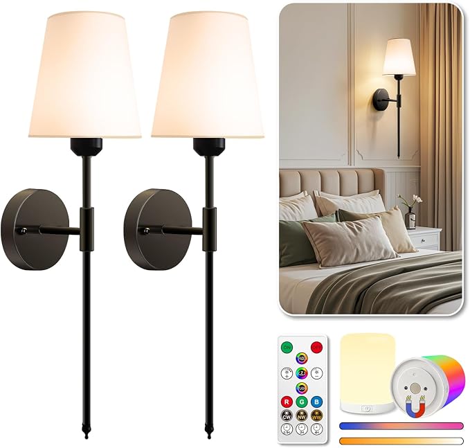 Adetu Wall Sconces Set of 2, Battery Operated Wall Sconce | 10000mAh Magnetic Bulbs and Remote, RGB & 5%-100% Dimmable Rechargeable Wall Lights for Bedroom Living Room Hallway Decor