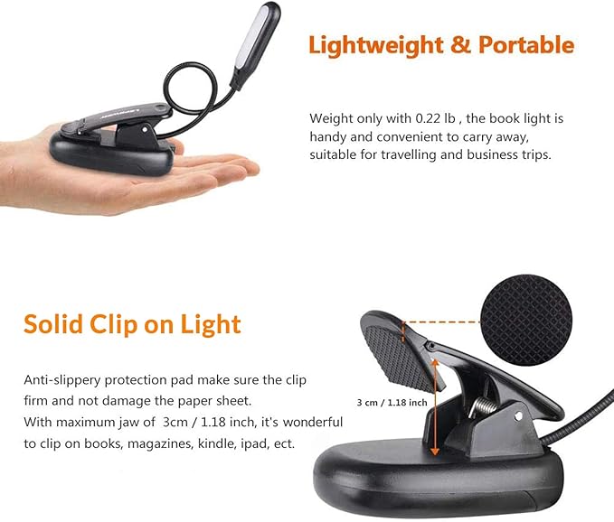 LEPOWER Clip-on Book Light with 5 LED Eye Care, 3 Color Changeable, Portable Reading Lamp, Battery & USB Operated, Bed Light for Kids, Bookworms, Students (Black)