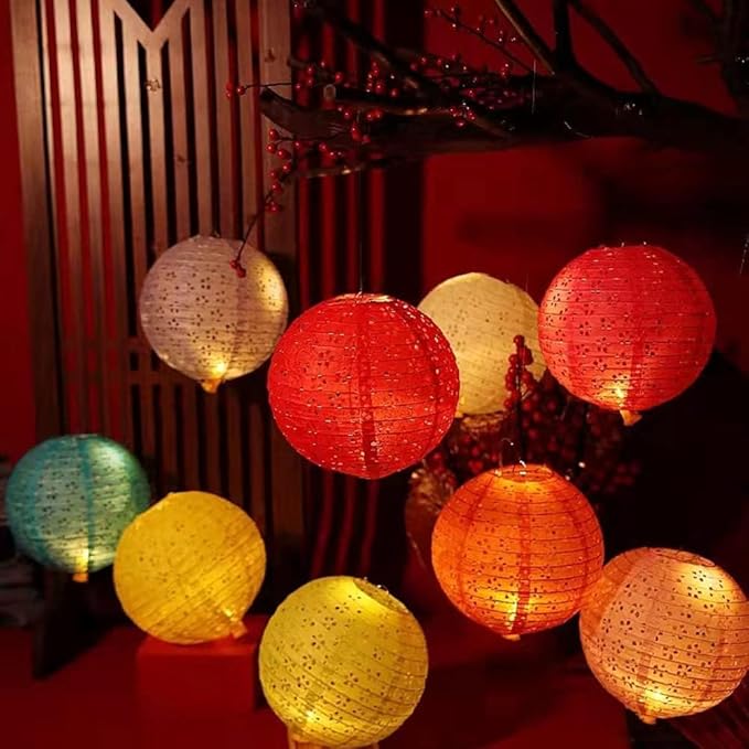 Set of 5 Paper Lanterns 8inches with LED Lights New Year Spring Festival Valentines Lanterns Variety Color, Hanging Paper Lanterns with Tassels Walking Sticks for Wedding Dinner Birthday Party Decor