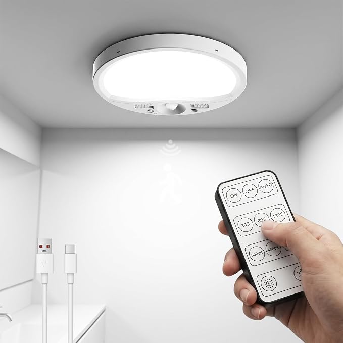 TANBABY Rechargeable Motion Sensor Ceiling Light Indoor with Remote | Wireless LED Shower Light, 8000mAh Battery Long Lasting Closet Light, 3 Color Dimmable, Timer, No Wiring for Hallway Pantry