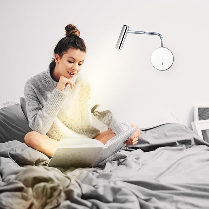 ZEROUNO Wall Mounted Lamp, Hardwired LED Wall Sconce with Switch on/Off Modern 3000K Swing Arm Bedside Indoor Wall Mount Lamp (Chrome)