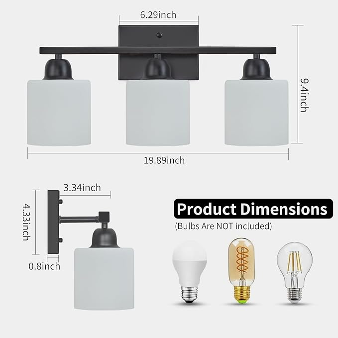 3-Light Bathroom Light Fixtures, Black Bathroom Vanity Lights with Milky White Frosted Glass Shades, Black Vanity Light for Bathroom Mirror, Bedroom, Living Room, Vanity Table, E26 Base