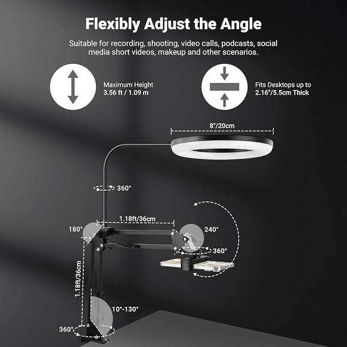 NEEWER Entry Level Version N41 8" LED Ring Light with Desk Clamp Stand/Remote, Overhead Phone Mount Holder Compatible with iPhone, Streaming Video Recording Selfie Nail Tech Food Photography Lighting