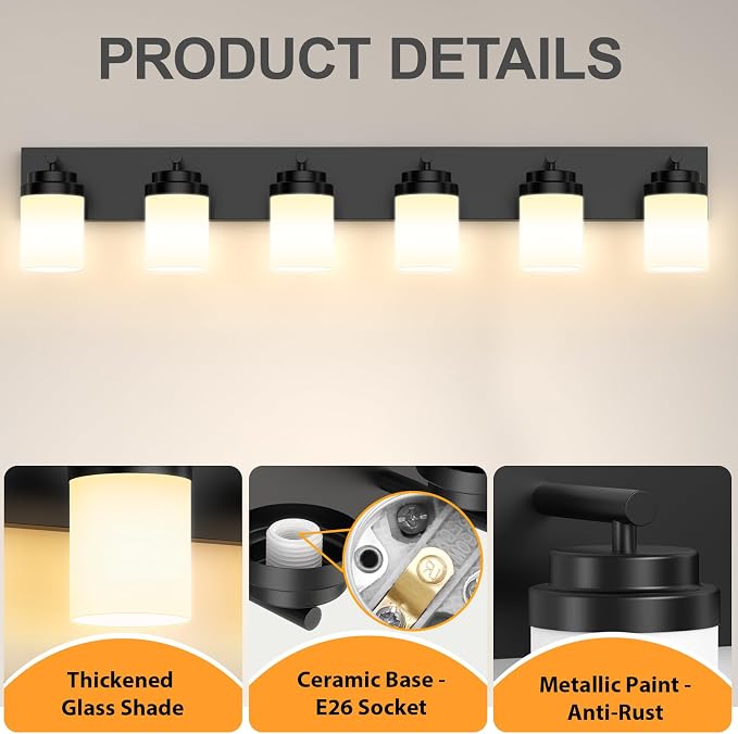 IZORRO Bathroom Vanity Light Fixture, 6-Light 46 Inch Matte Black Bathroom Light Fixtures Over Mirror, with White Glass Shade, Modern Farmhouse Vanity Lights, Rustic Restroom Lighting Fixtures