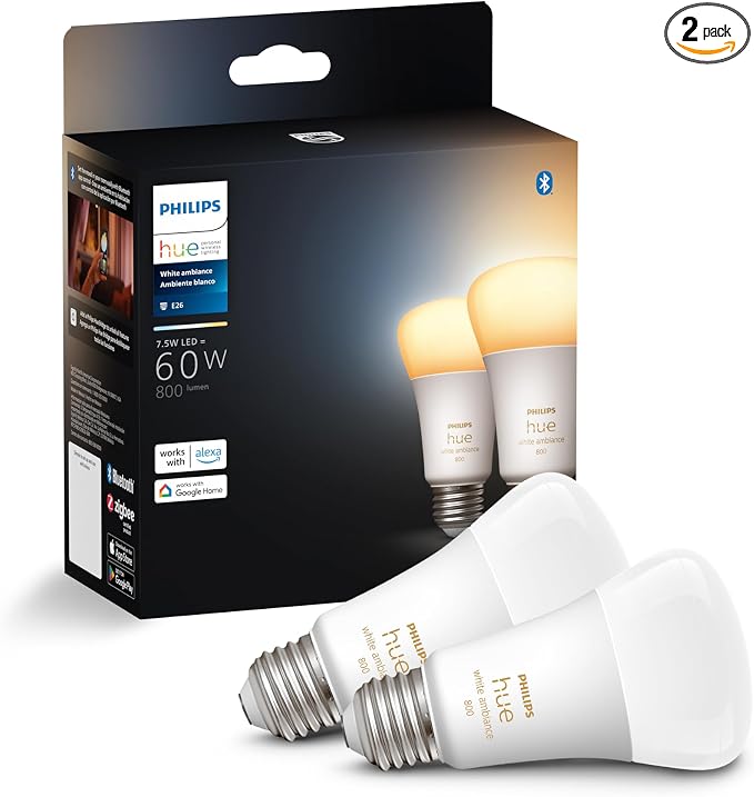 Philips Hue Smart 60W A19 LED Bulb - White Ambiance Warm-to-Cool White Light - 2 Pack - 800LM - E26 - Indoor - Control with Hue App - Works with Alexa, Google Assistant and Apple Homekit | Hue Smart LED Bulb, 2 Pack, 800LM, E26, Indoor, Control, Hue Ap...
