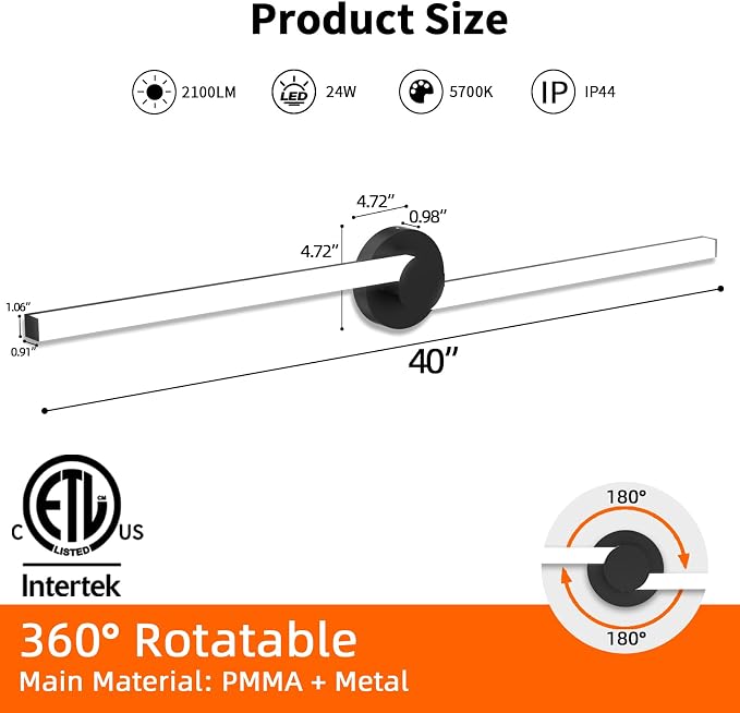 Bathroom Lighting Fixtures Over Mirror: 40 Inch Rotatable Bathroom Vanity Light ETL Listed - Modern Black Vanity Lighting Fixtures 5700K Cool White 3700LM 45W IP44 - LED Vanity Light Dimmable(2 Pack)