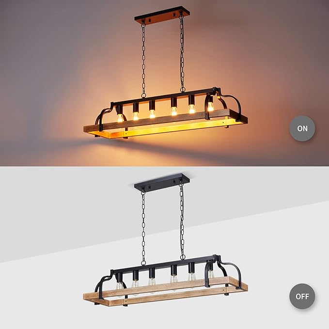 WUZUPS 6-Light Metal Pot Hanging Rack Chandelier Imitation Light Wood Grain Linear Pendant Ceiling Lighting Rustic Farmhouse Fixture Kitchen Island Dining Room, H 9.8" L 40.6" W11.8, E26 Base, Black