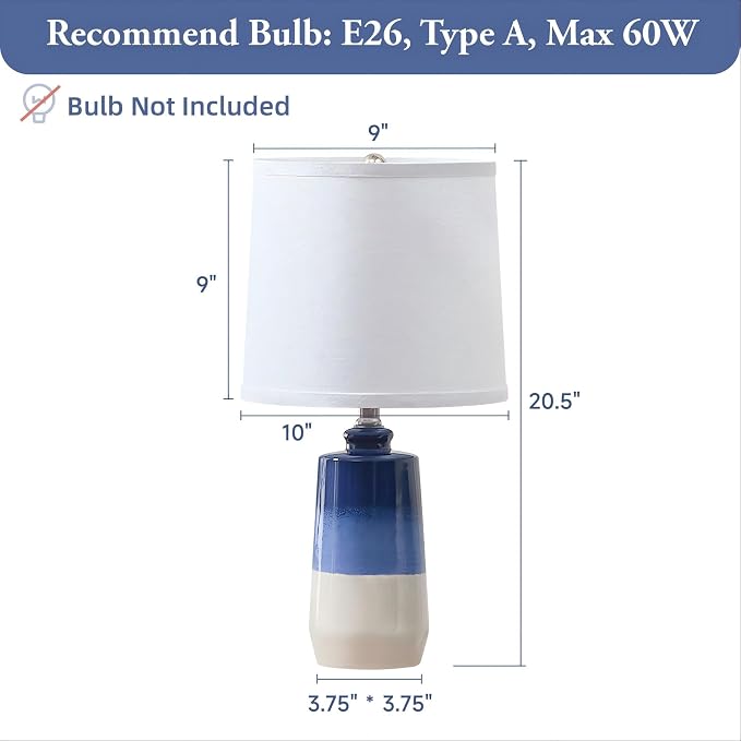 EUO 20.5" Ceramic Blue Lamps for Nightstand Set of 2, Blue Table Lamps for Living Room Set of 2, Coastal Table Lamp for Bedroom with White Barrel Lampshade, Blue White Ceramic Lamp for Small Space