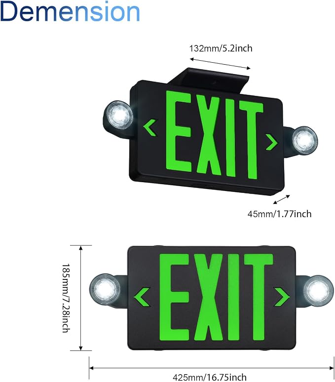 GZRUIYANG Black Housing Exit Sign with Emergency Lights Green, LED Emergency Exit Light with Battery Backup, UL 924 Certified, AC 120/277V, Commercial Emergency Lights Combo for Business - 1 Pack