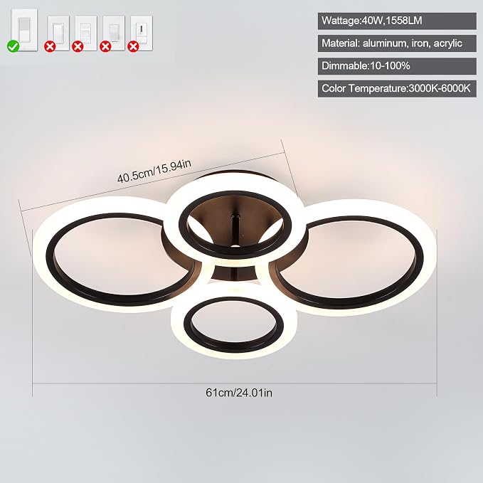 24" 40W Light Fixtures Ceiling Mount 1558LM Living Room Light Fixture | 3000-6500K Remote control APP Adjustable color temperature brightness Memory function Night light for Bedroom Kitchen Modern