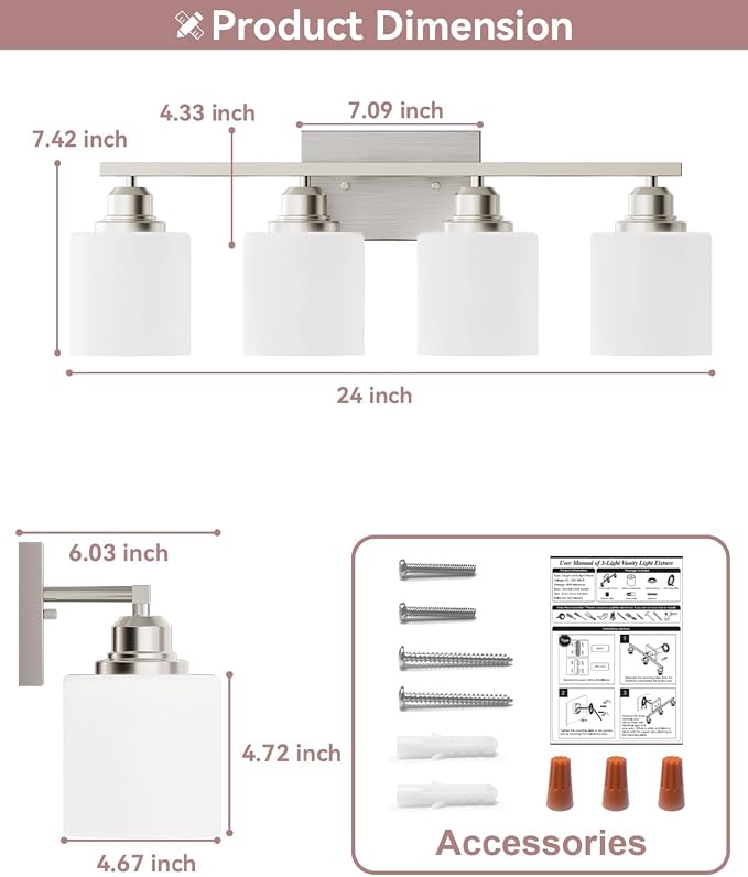 4-Light Bathroom Light Fixtures Over Mirror, Glass Shade & Anti-Rust Nickel Finished,Brushed Nickel Vanity Lights, Modern Bathroom Vanity Light, Bathroom Light for Small Space
