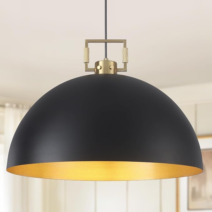 19.7" Vintage Pendant Light Industrial Pendant Light Dome Black and Gold Large Chandelier Light for Kitchen Island, Dining Room, Bedroom,Farmhouse Pendant Lighting