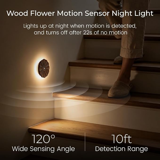 Motion Sensor Night Light Indoor, Rechargeable Wooden Flower Lamp | Black Walnut Carved Fflower Sensor Light, USB-C Rechargeable, Magnetic Mount, Warm Light for Bathroom, Hallway, Home Decor