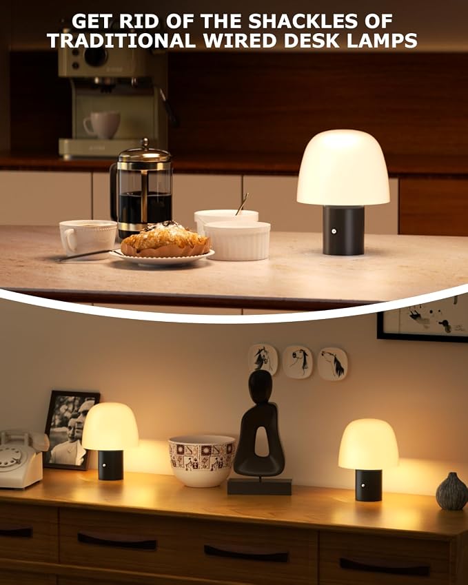 CHLORANTHUS Portable LED Table Lamp, Cordless Desk Lamp Rechargeable, 3-Color Touch Stepless Dimming Night Light for Bedroom/Children's Room/Terrace/Dining Room/Cafe (Black)